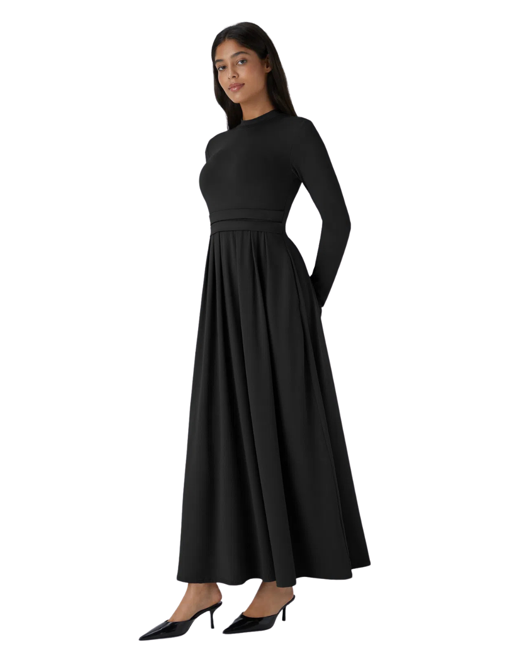 Vestido Maxi Plissado e Esvoaçante com Decote Alto e Bolsos para Mulher