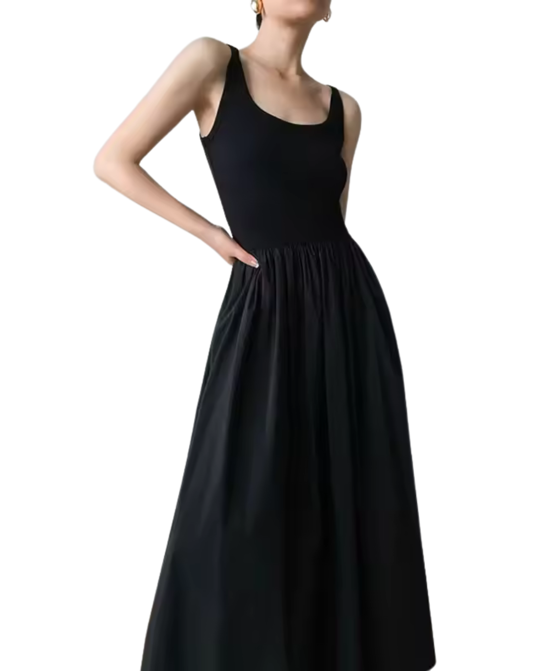 Vestido Comprido Sem Mangas com Corte na Cintura e Saia Larga para Mulher