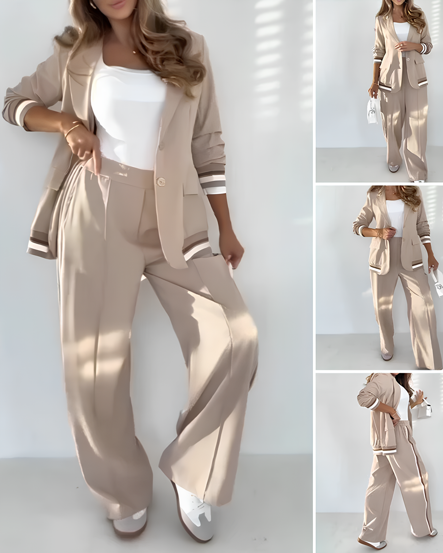 Conjunto Elegante de Blazer e Calças Palazzo em Bege Estilo Sofisticado e Moderno