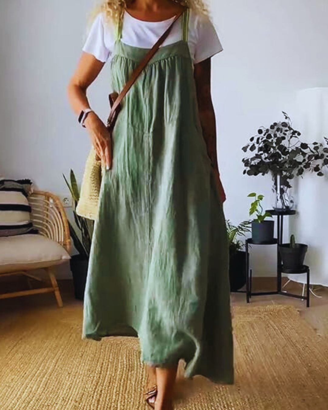 Vestido longo de linho para mulher com alças finas