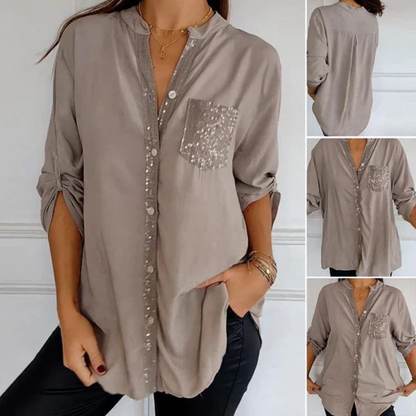 Camisa Casual de Manga Longa com Detalhes e Bolso com Lantejoulas para Mulher