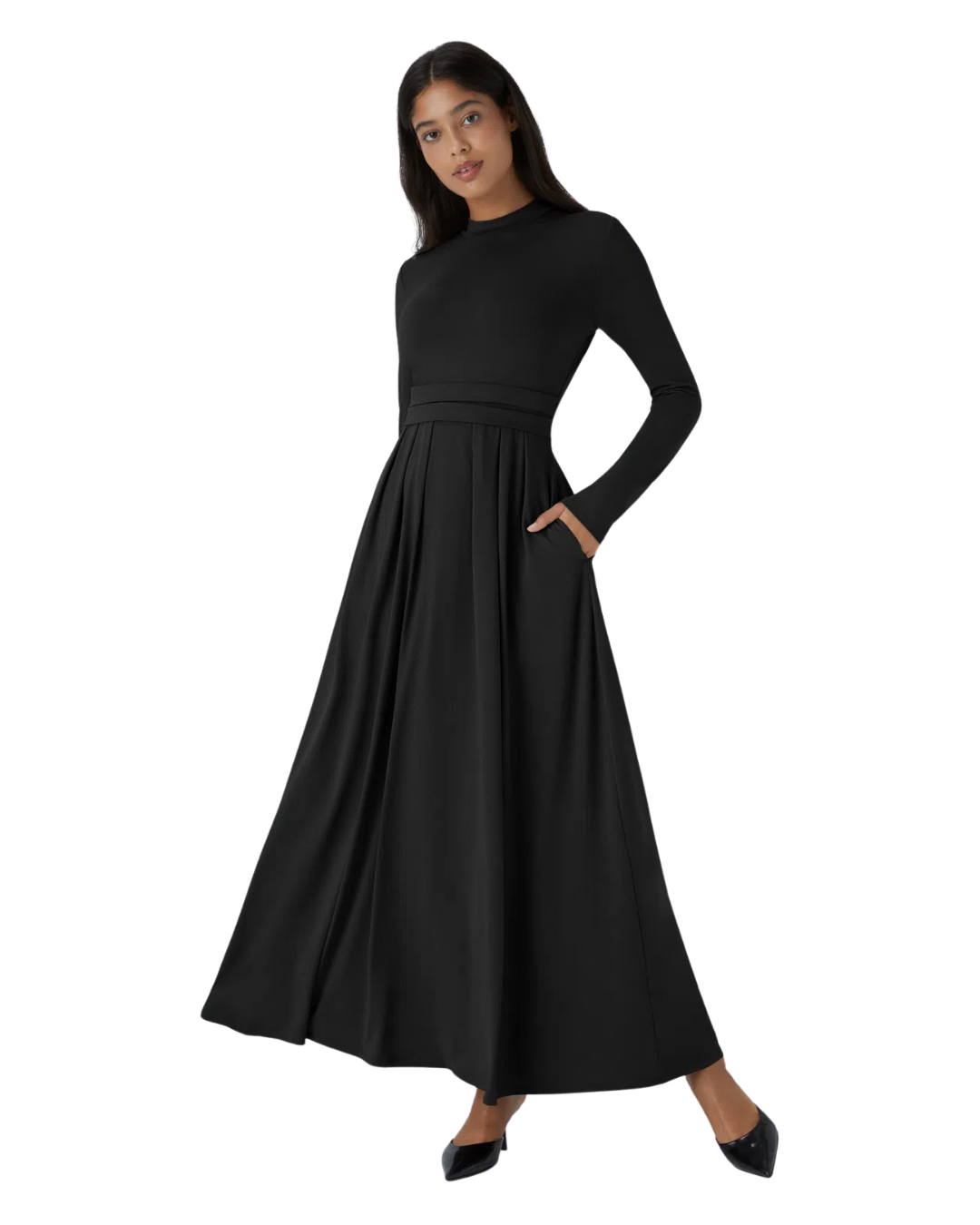 Vestido Maxi Plissado e Esvoaçante com Decote Alto e Bolsos para Mulher