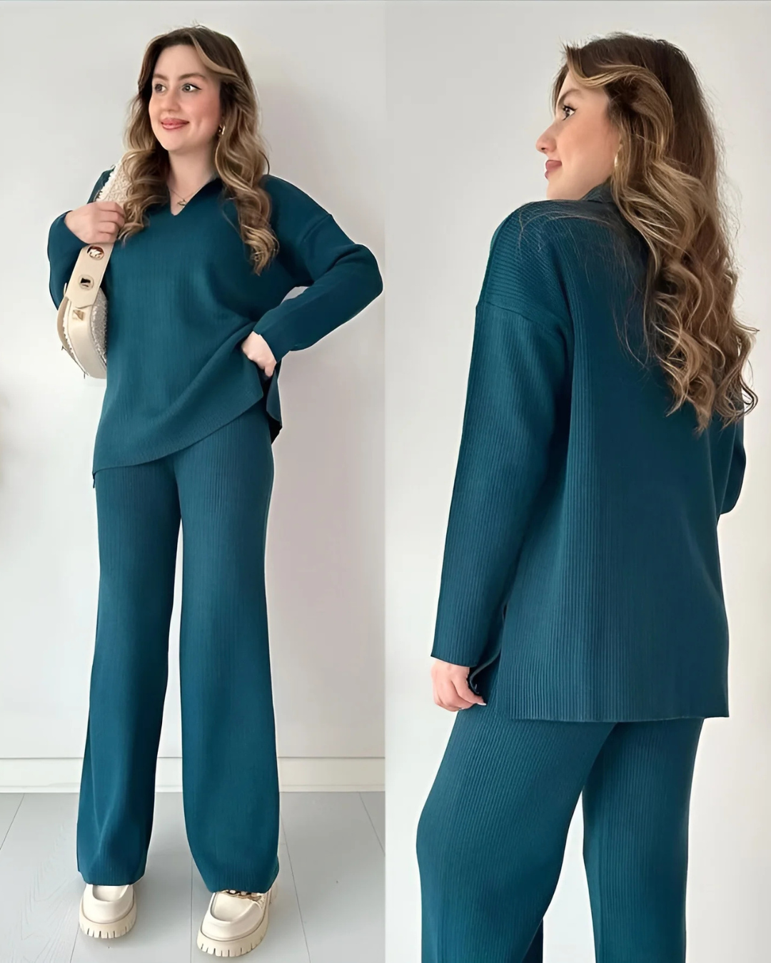 Conjunto Casual de Camisola de Malha de Manga Comprida e Calças Largas