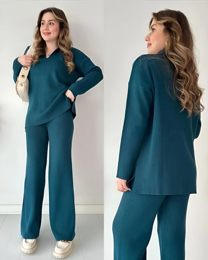 Conjunto Casual de Camisola de Malha de Manga Comprida e Calças Largas