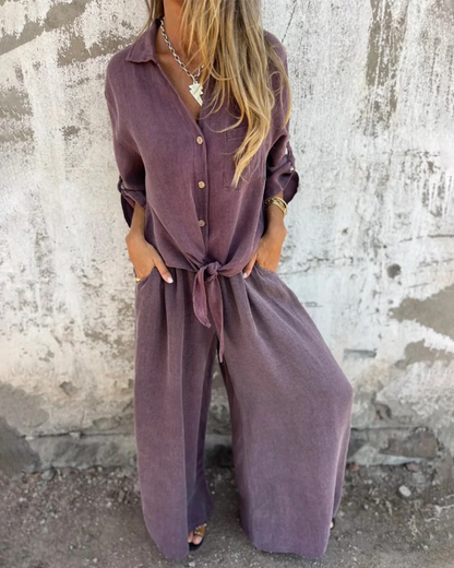 Conjunto de Duas Peças de Macacão de Pernas Largas para Mulher com Camisa com Botões e laço à Frente