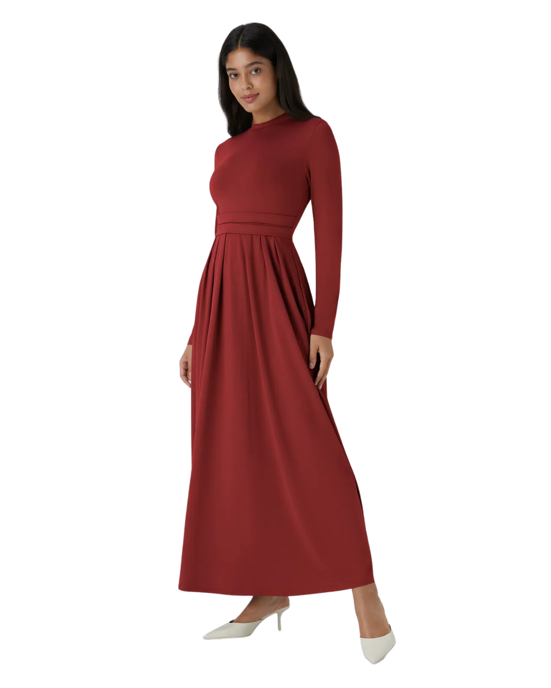 Vestido Maxi Plissado e Esvoaçante com Decote Alto e Bolsos para Mulher