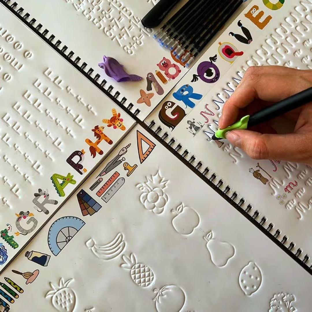 Manuais de escrita com ranhuras guiadas e tinta mágica para a aprendizagem